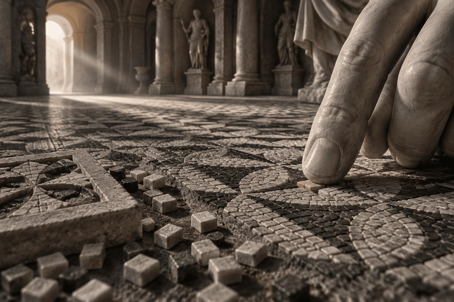 A low view across an unfinished mosaic floor, two marble fingertips pressing the last pink tessera into the gap that matches a stone template
