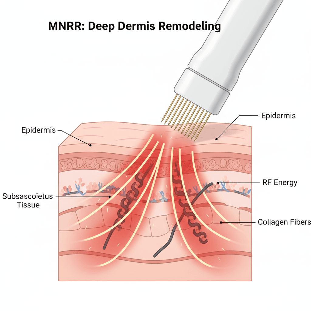 Diagram showing RF energy radiating from the needle tips into the deep dermis layers.