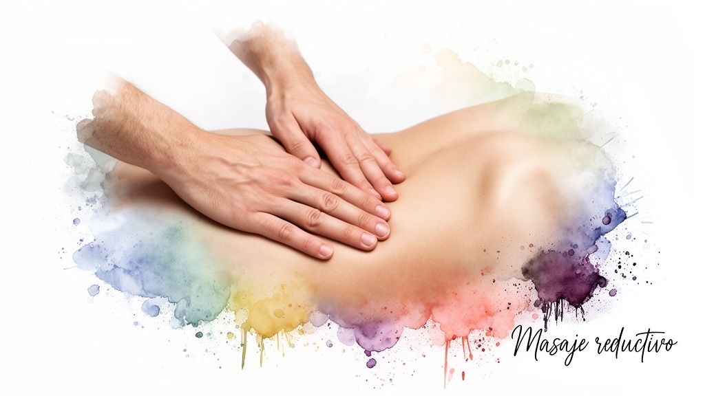 Dos manos expertas realizando un masaje reductivo en la espalda baja de una persona, rodeadas de coloridas salpicaduras de acuarela.