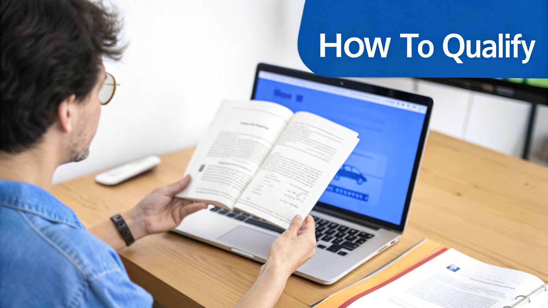 A person studies a book and a laptop, with a 