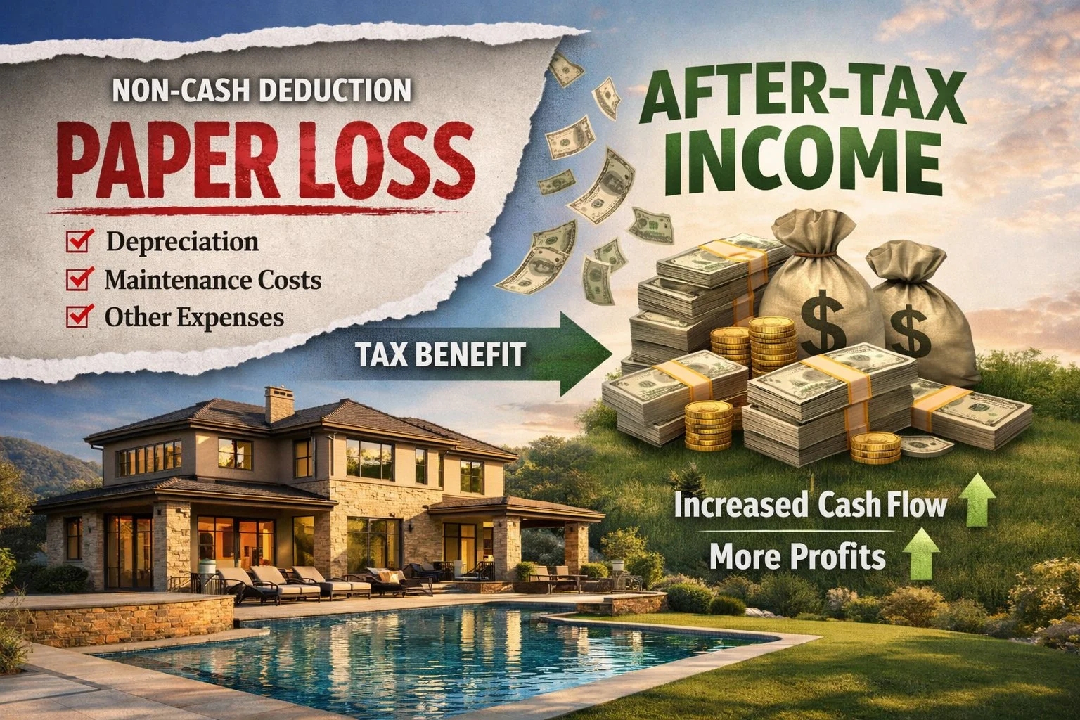 Visual overlay of a paper loss on a profitable property, illustrating how a non-cash deduction can increase after-tax income.