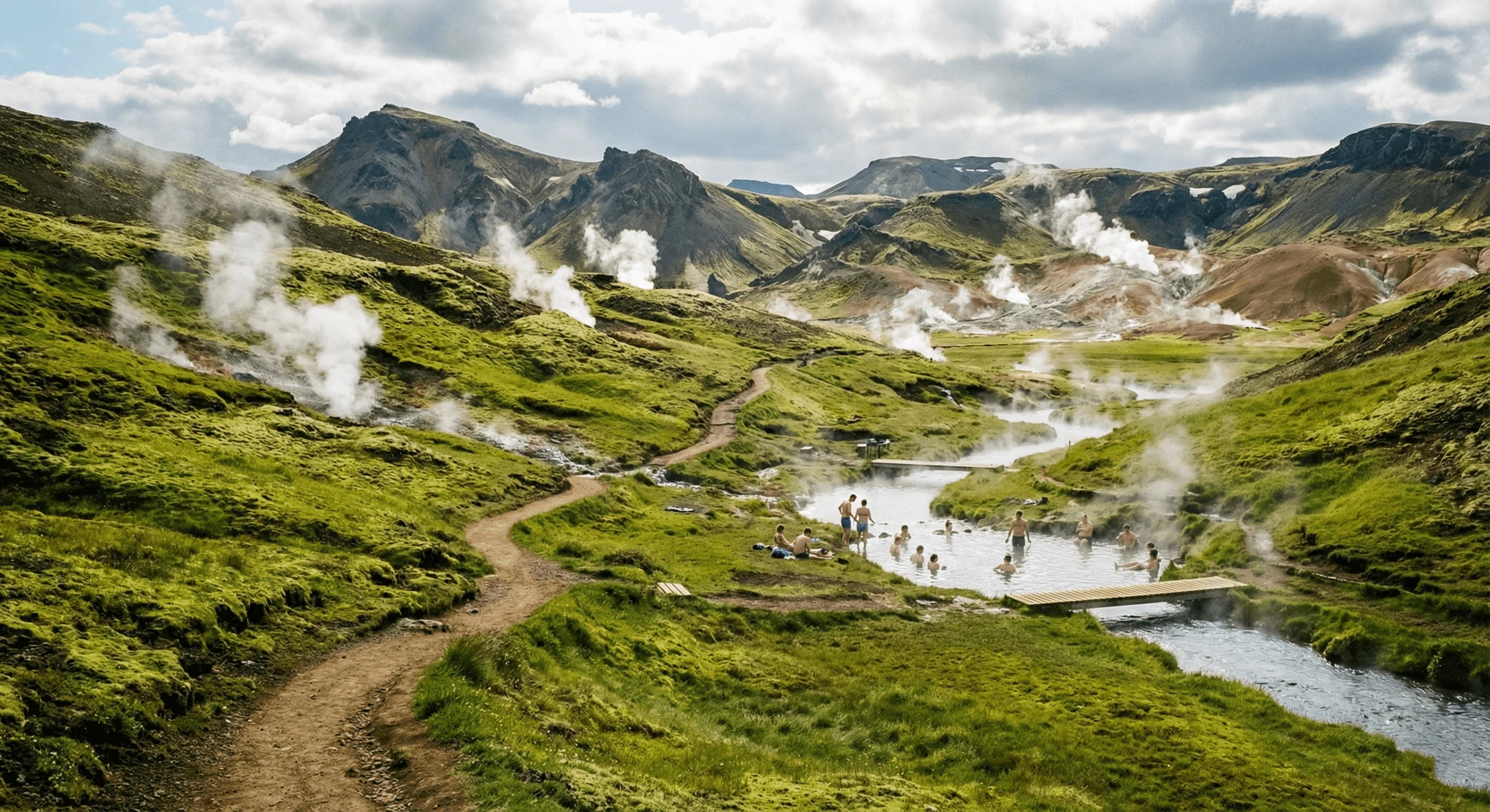 A lush green valley with a winding river and steam rising from geothermal vents, with hikers visible on the trail.