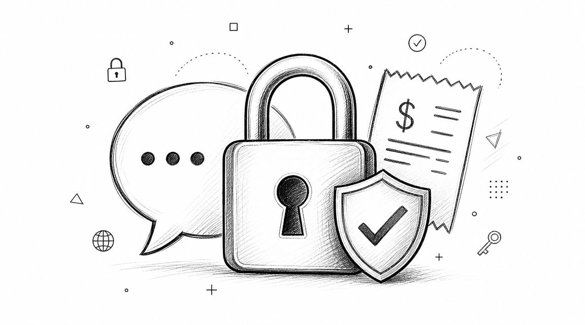 A hand-drawn sketch of a security padlock with a shield, speech bubble, and receipt icon.