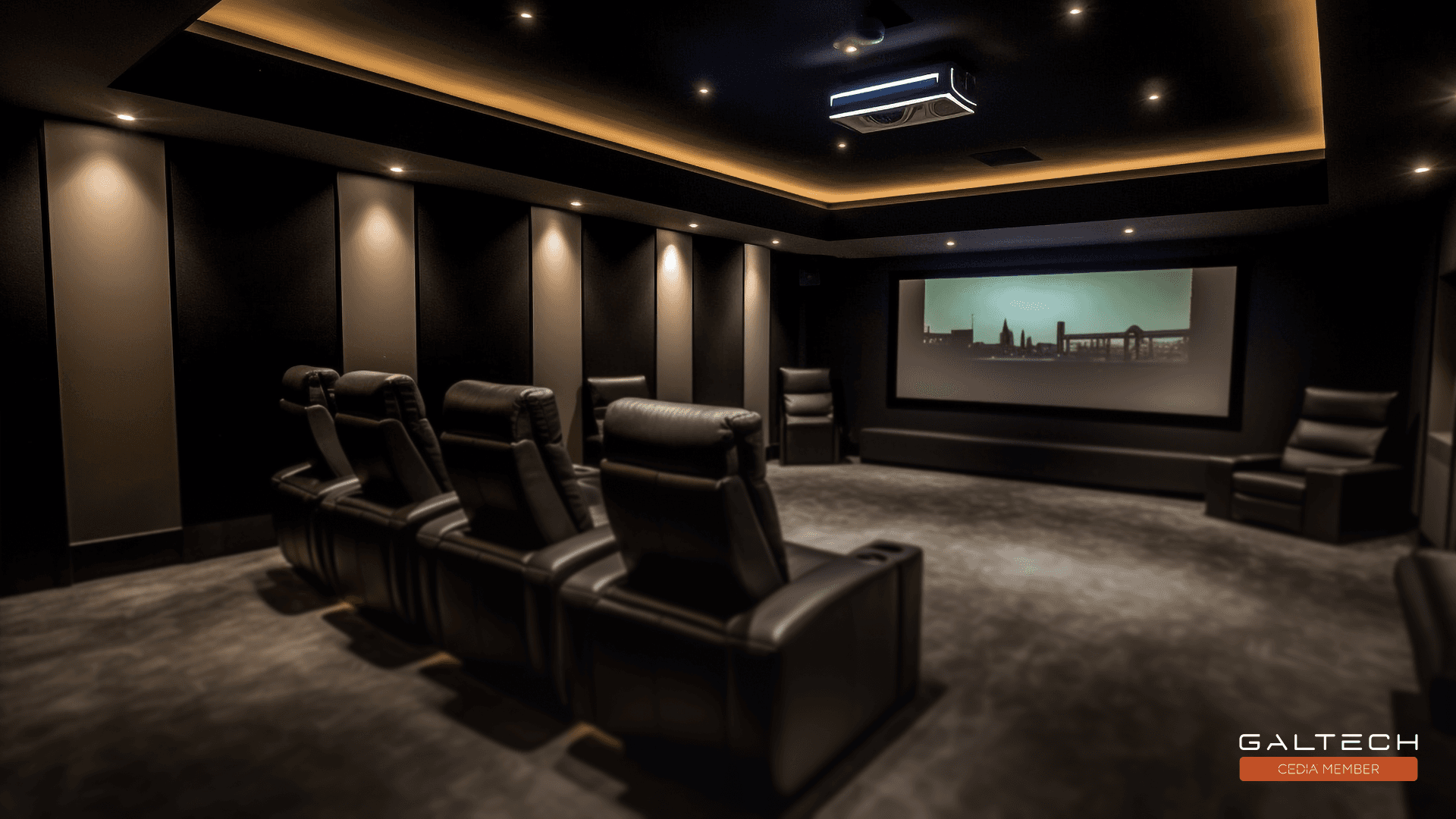 Home theatre with recliner chairs and projection screen.