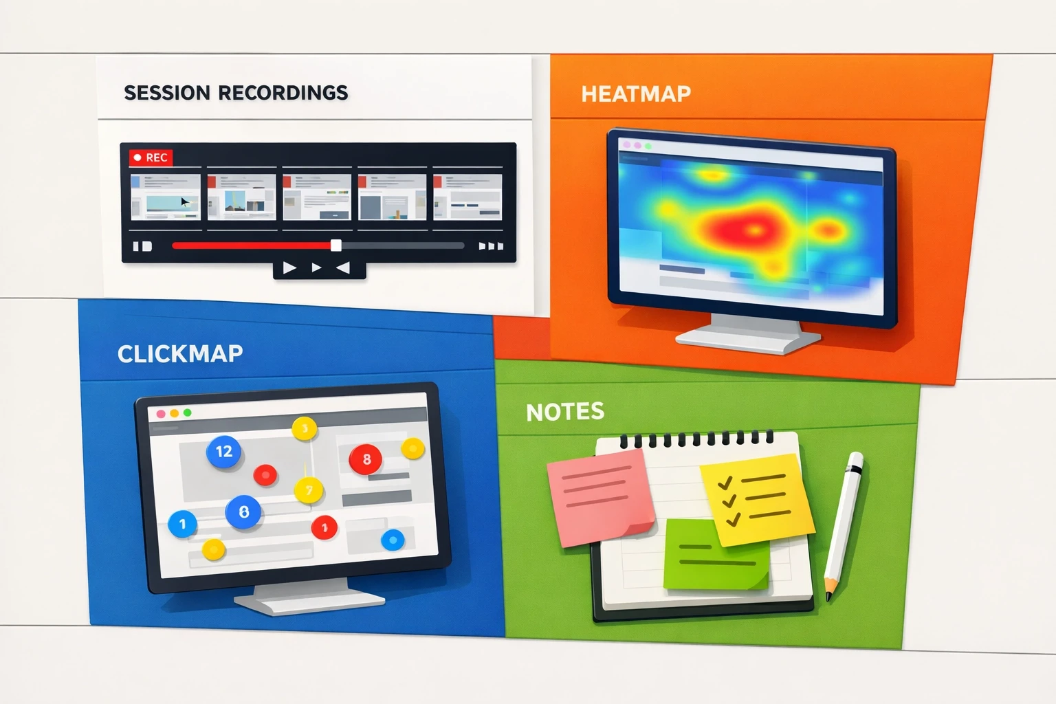 Website heatmap analysis workspace with session recordings and CRO research tools