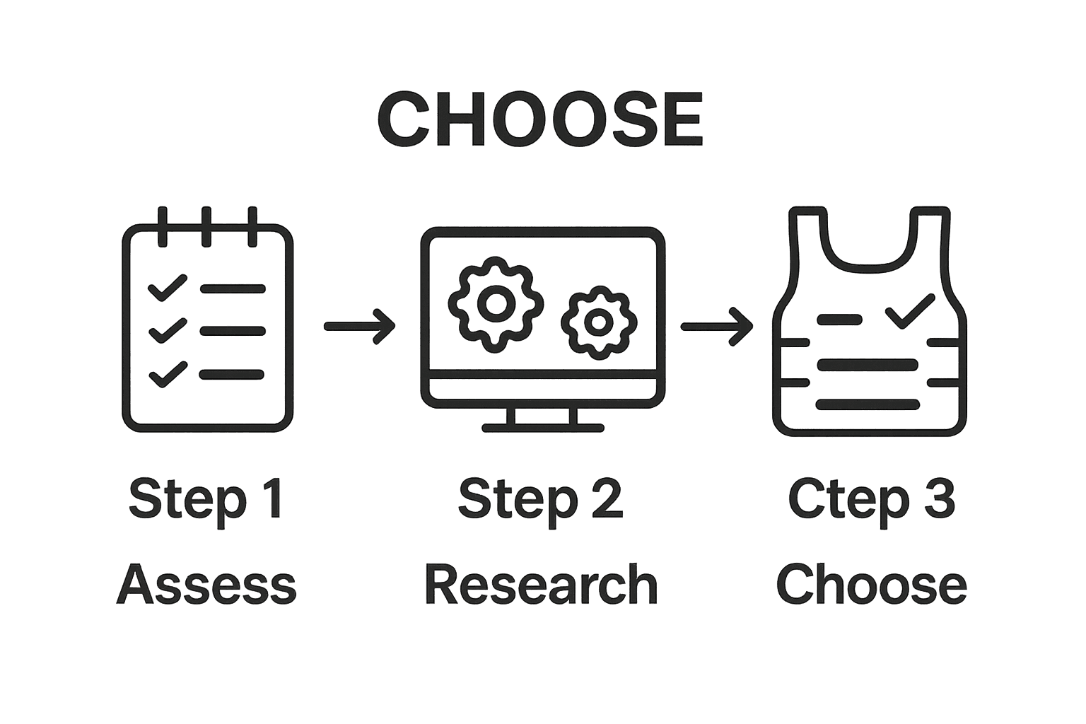 Step-by-step tactical gear selection with icons for assess, research, and choose.