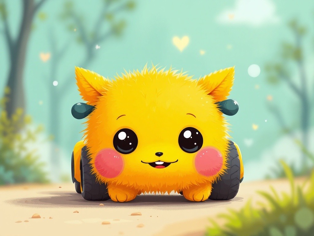 Cute yellow fluffy creature riding a small vehicle
