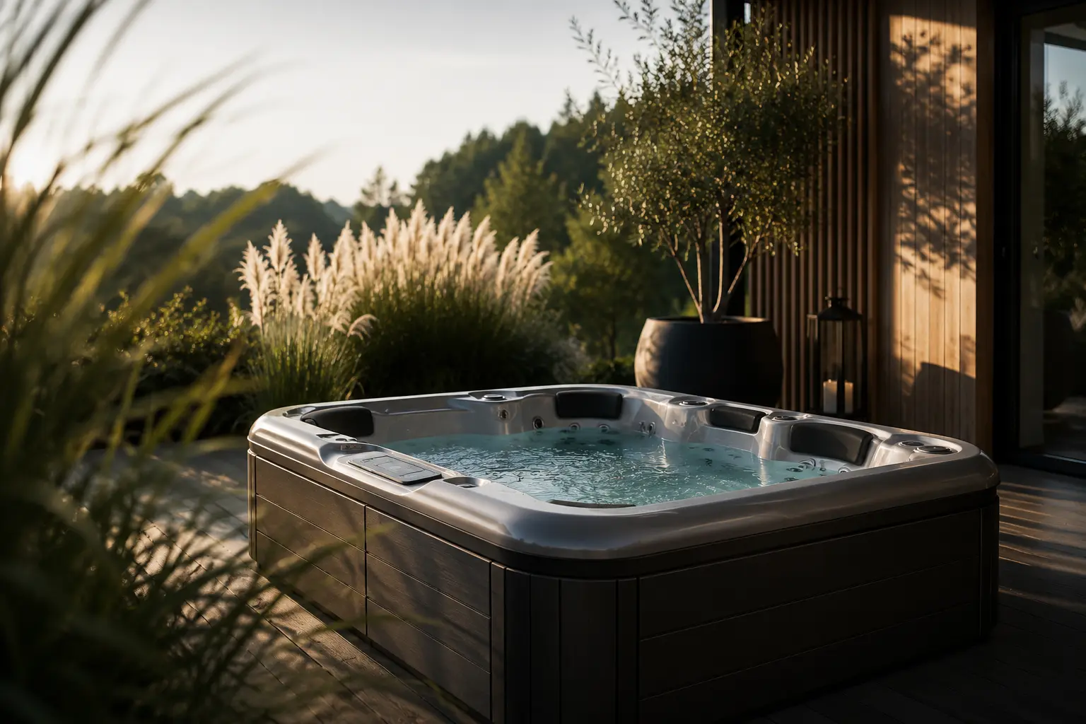 Nowoczesne jacuzzi ogrodowe na drewnianym tarasie w otoczeniu zieleni.
