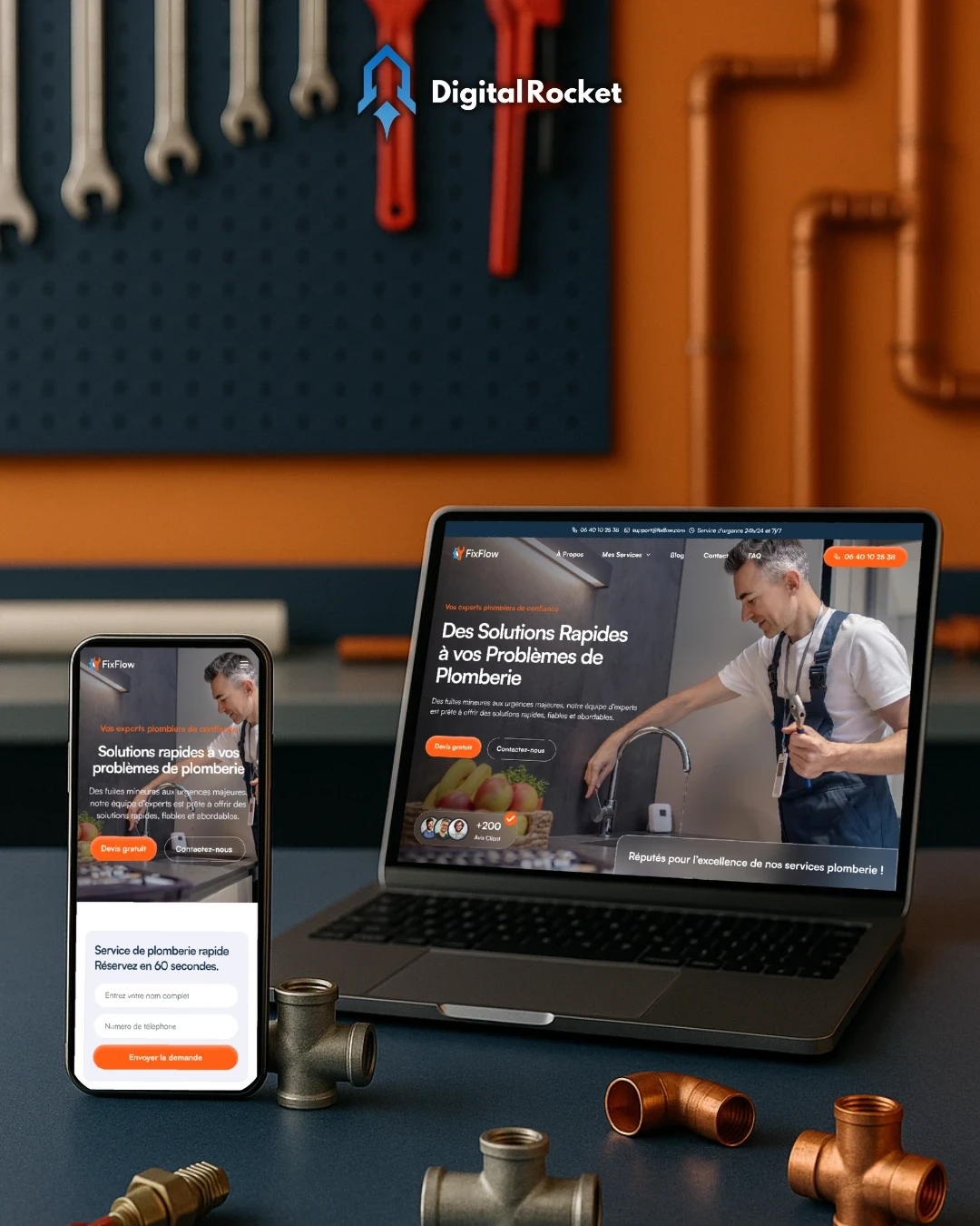 Site vitrine pour un plombier à Lunel, conçu par Digital Rocket à Villetelle. Design clair et professionnel mettant en avant les services de dépannage rapide et les avis clients.