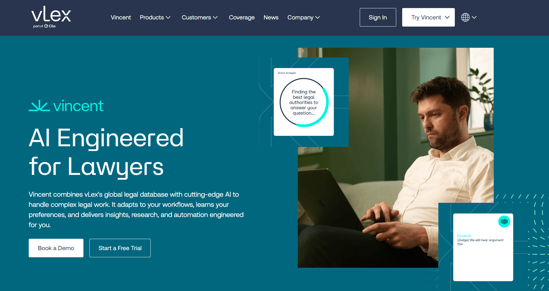 Homepage screenshot of vLex Vincent featuring the headline “AI Engineered for Lawyers,” with demo and free trial buttons alongside a professional using a laptop.