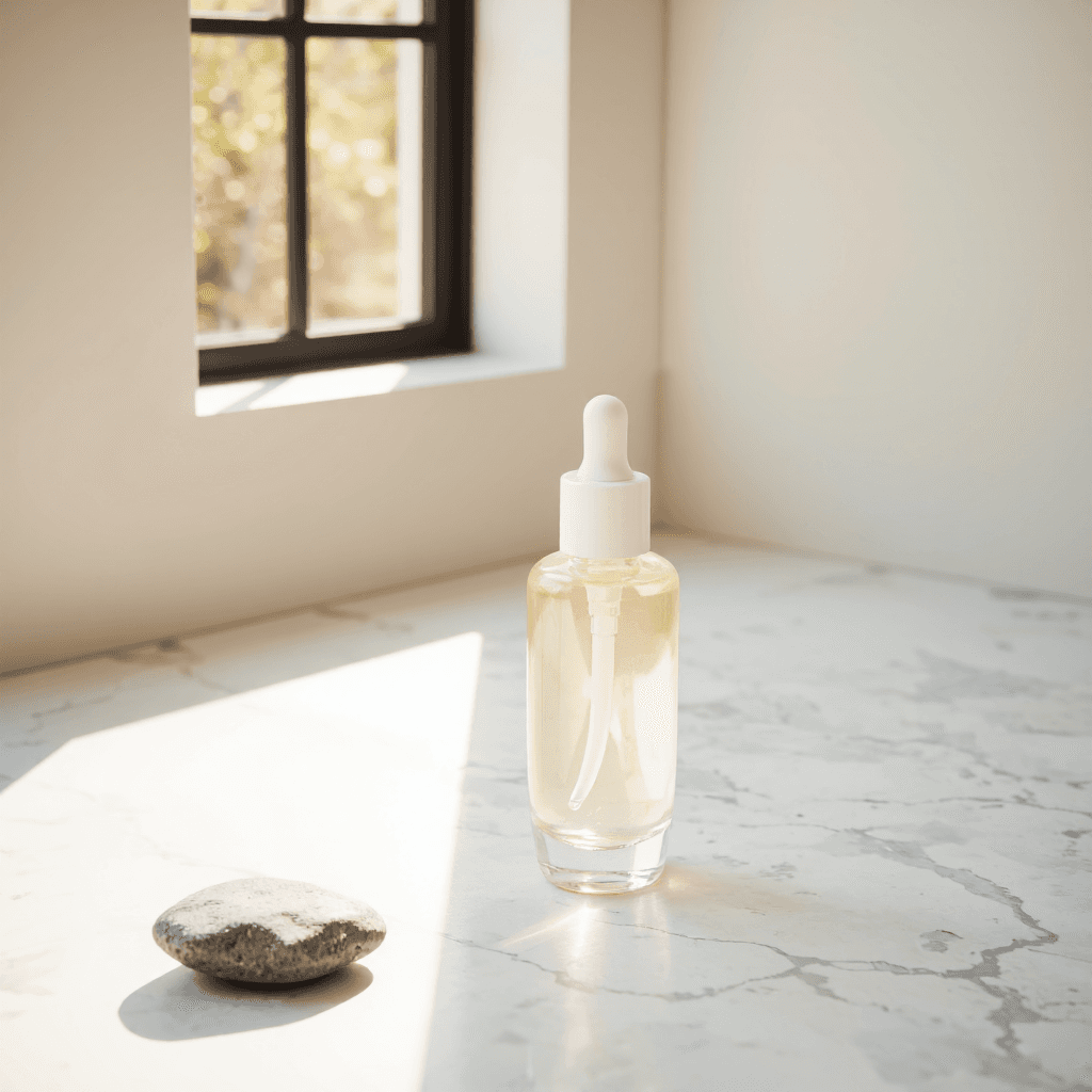 product photography of a small bottle of liquid solution