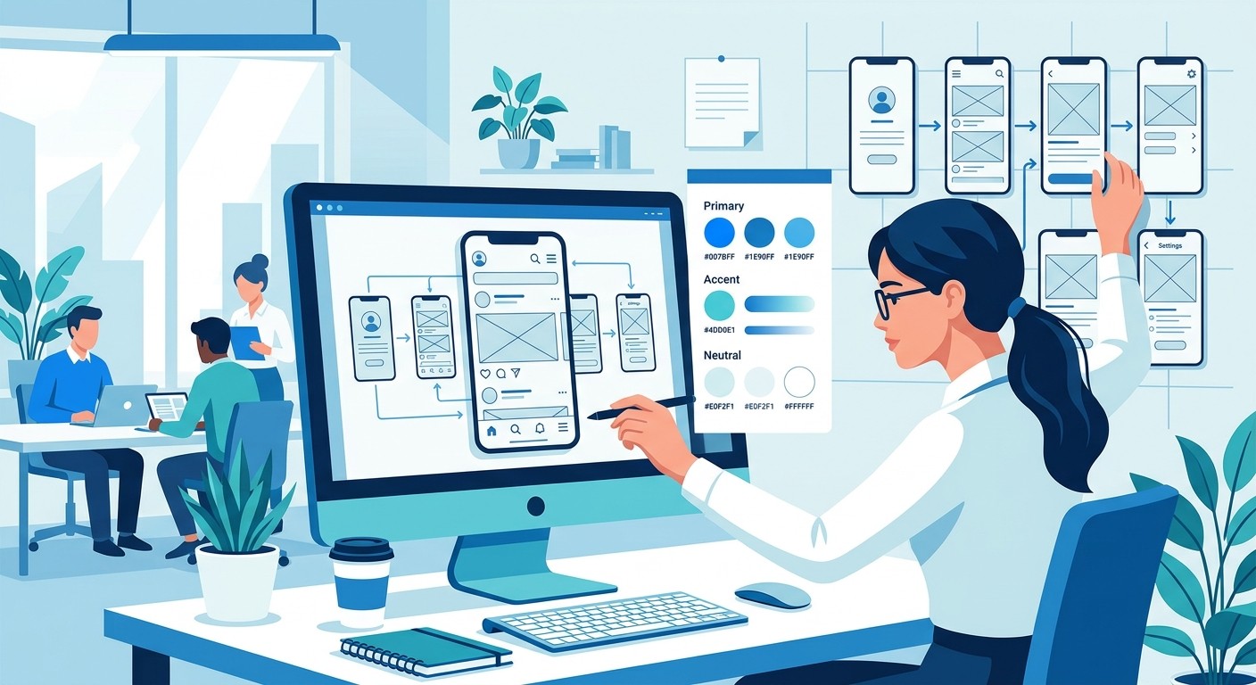 Flat illustration of UI UX design process with wireframes and a designer arranging app screens