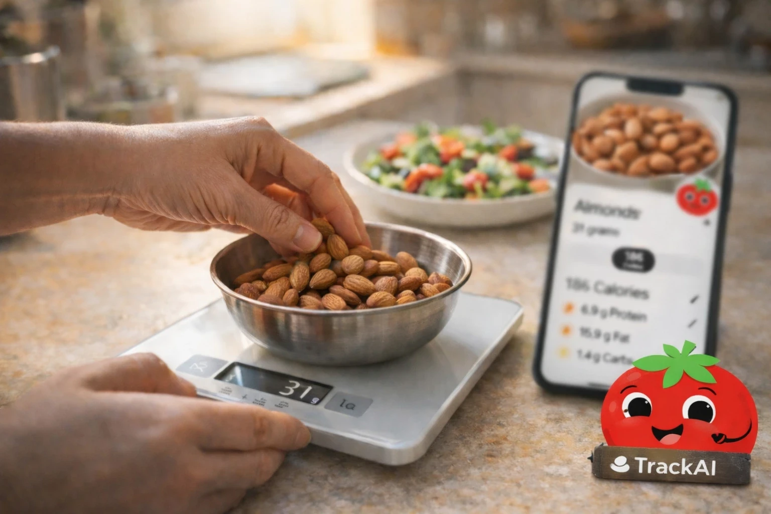 Weighing almonds on a kitchen scale with a smartphone showing calorie information, illustrating a beginner’s guide to counting calories.
