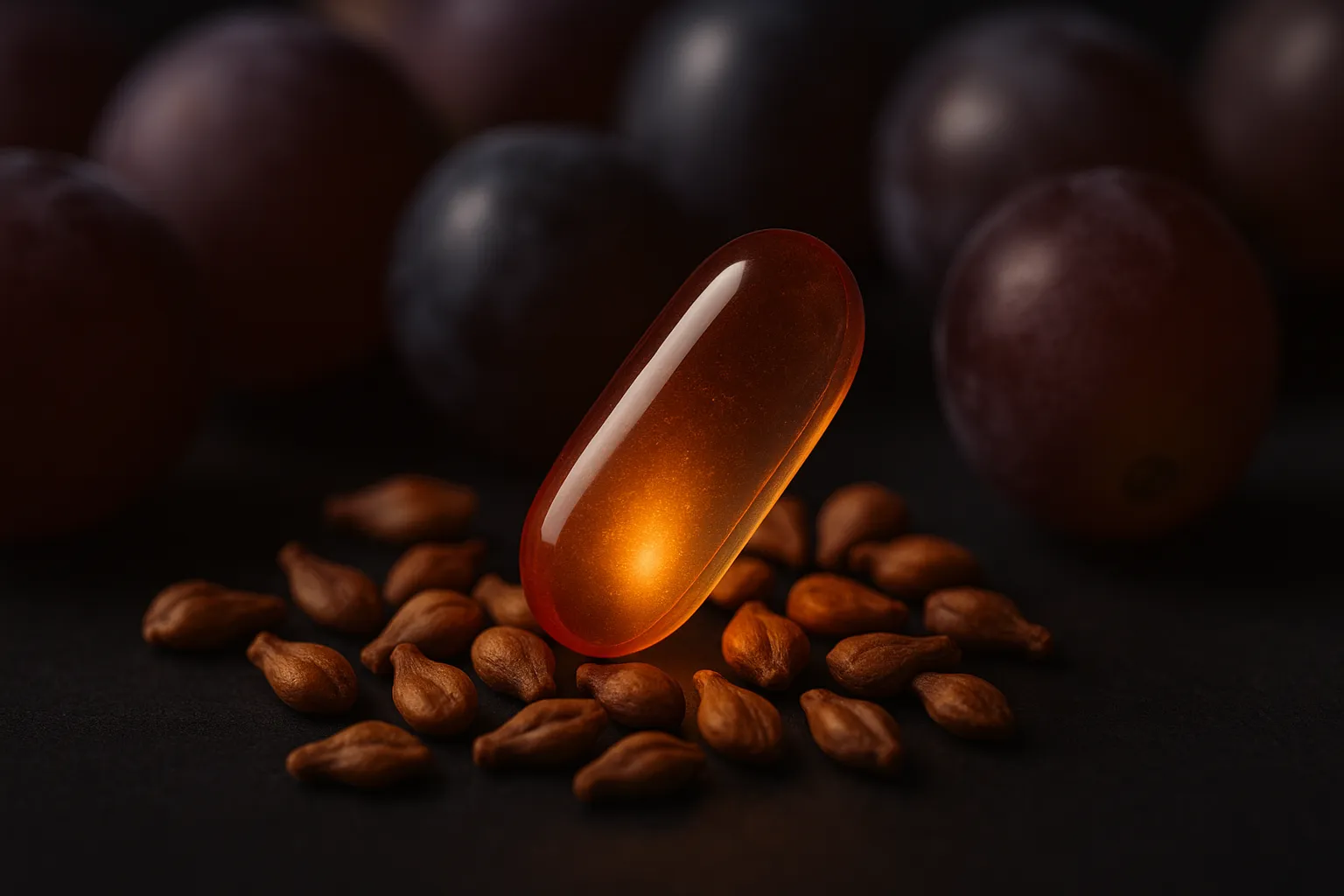 Grape Seed Extract softgel surrounded by grape seeds and grapes