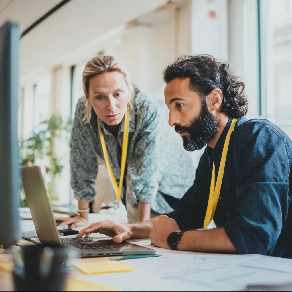 CGI About page. Two colleagues in an office discuss on a laptop, one wearing a blue shirt and a yellow lanyard.