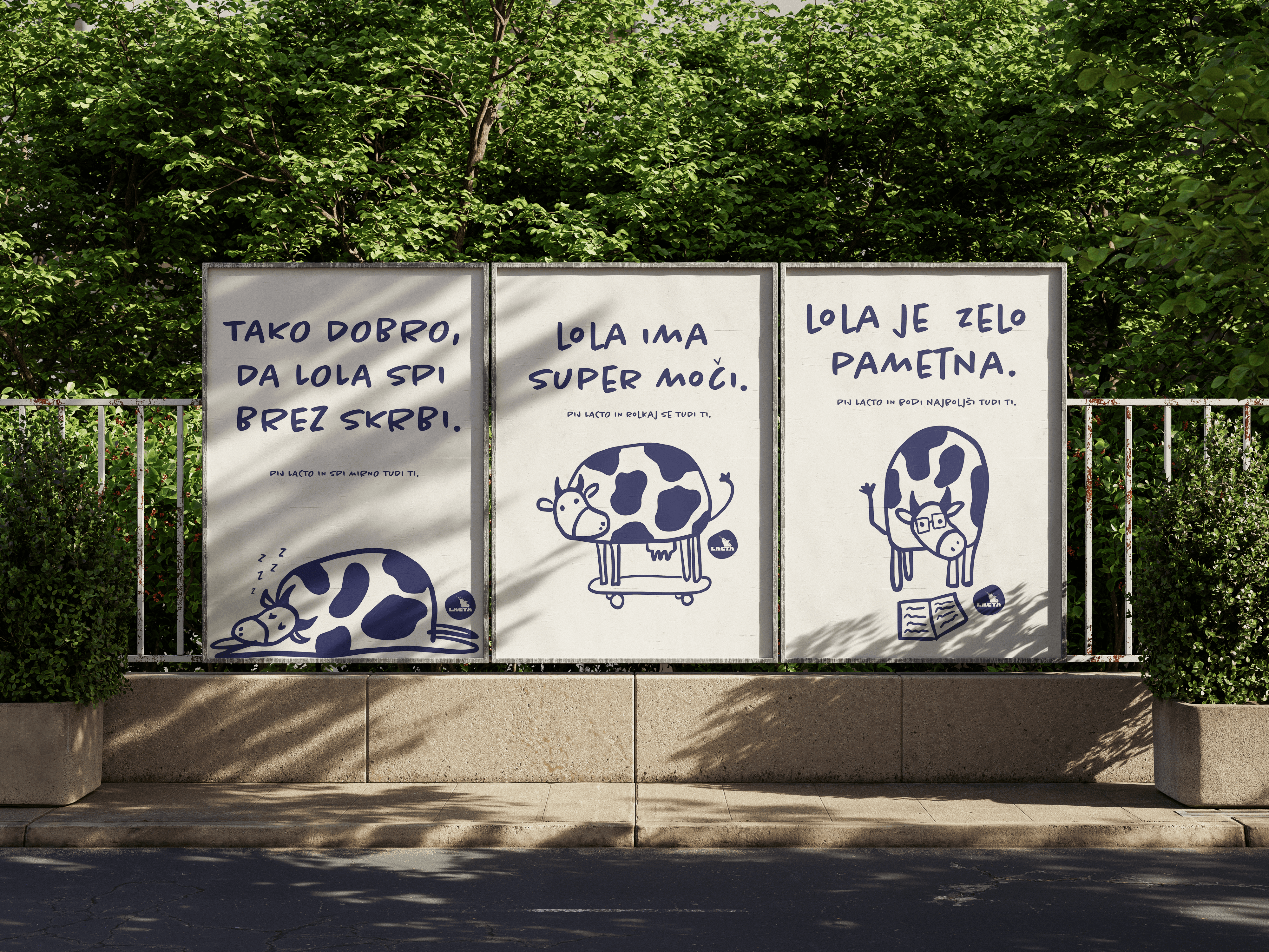 Three Lacta billboards featuring the cow mascot Lola in different poses.