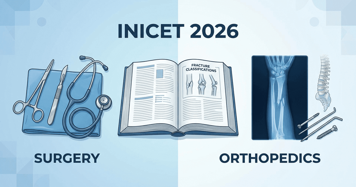 Cover: INICET 2026 Surgery & Orthopedics High-Yield Topics: Must-Know Procedures, Fracture Classifications and Exam Strategy