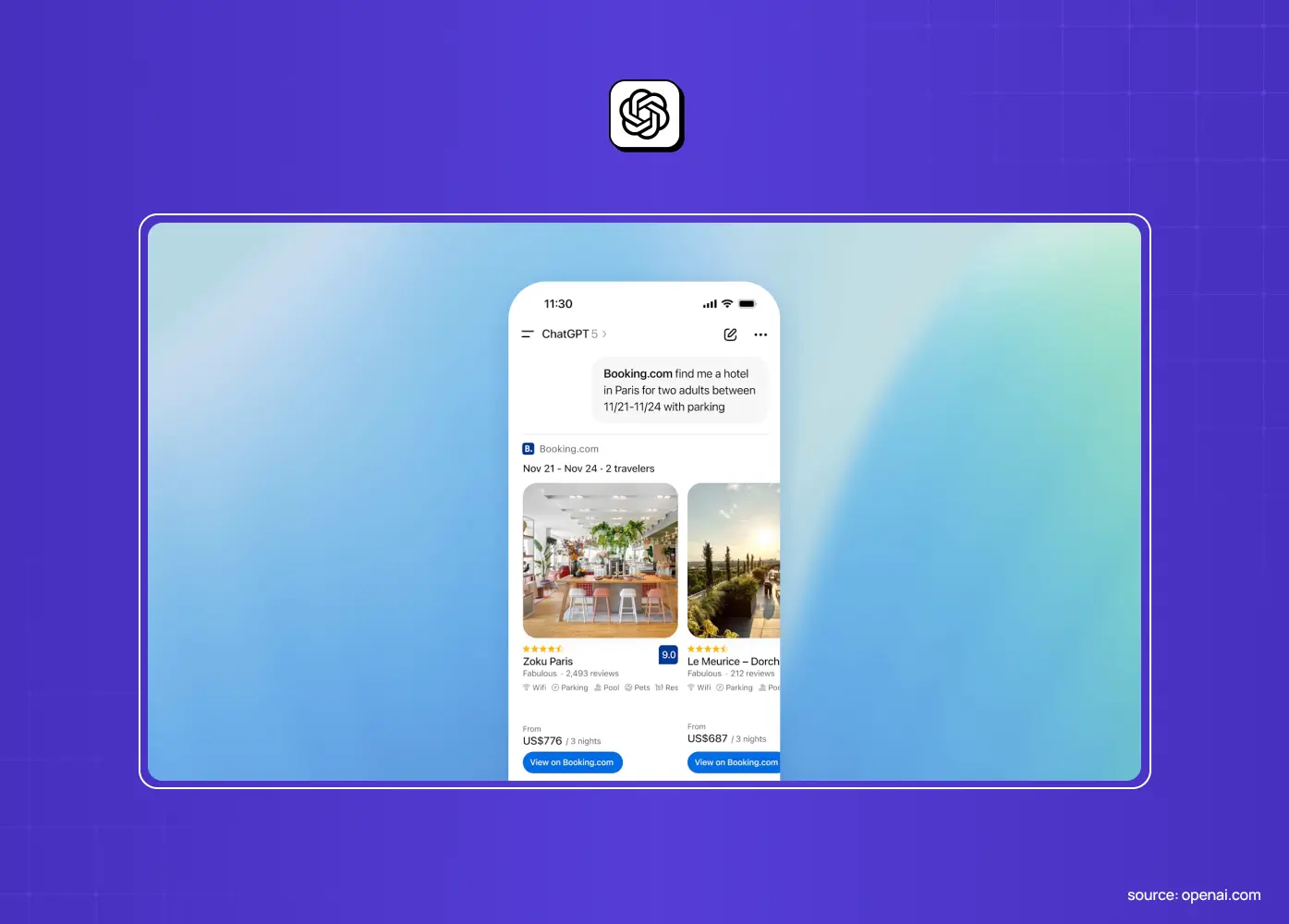 Mobile screenshot of ChatGPT displaying AI-powered hotel recommendations with booking options inside the chat interface.