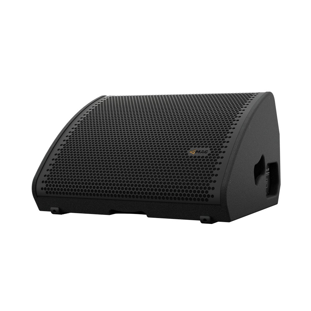 Black professional stage monitor speaker with a mesh grille.