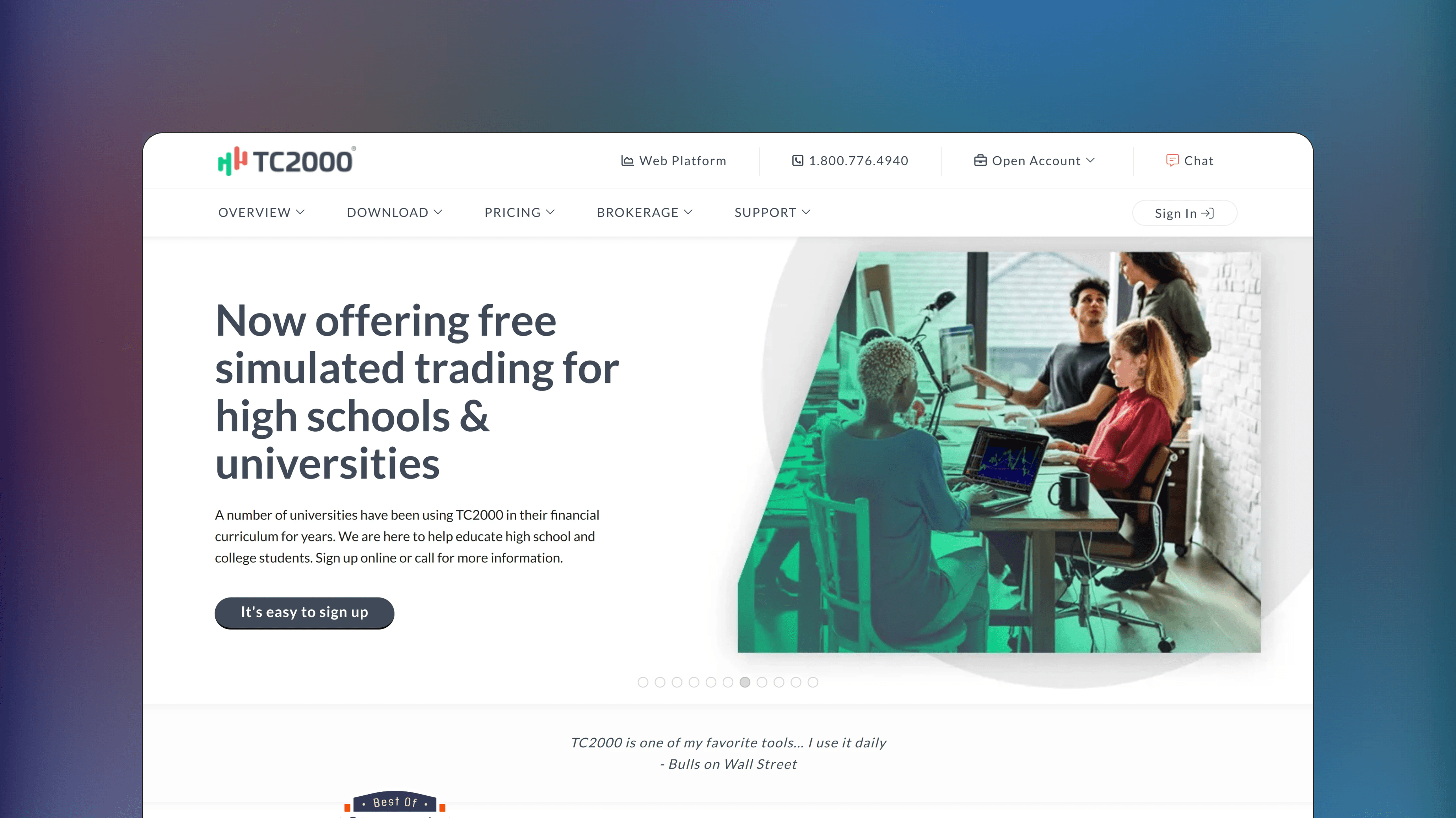 Website preview of TC2000, trade analytics orderflow platform showing a modular interface with market scans and technical charts.