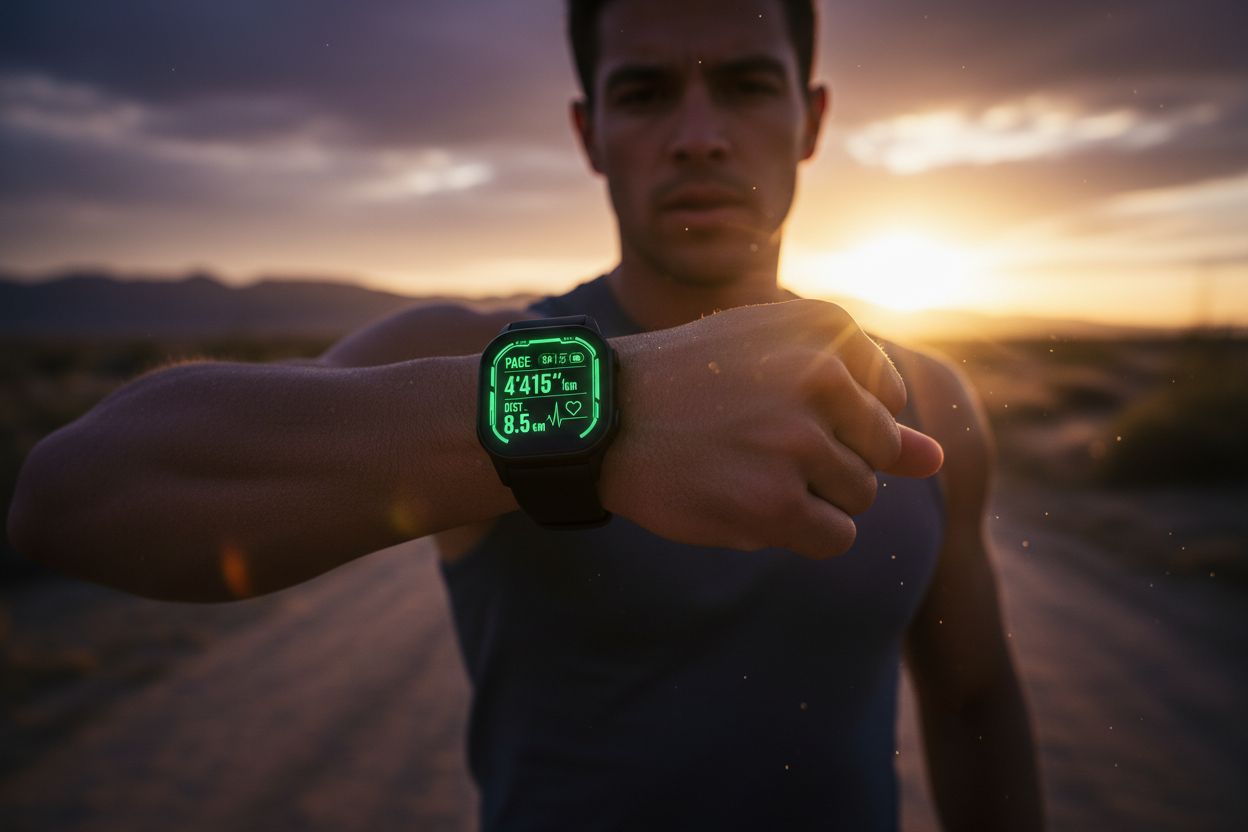 Runner checking fitness app on smartwatch