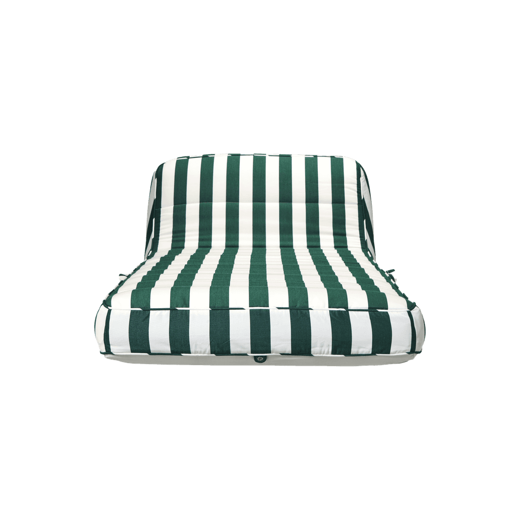 Luxury single pool float in green-and-white stripe canvas with quilted panels and white base