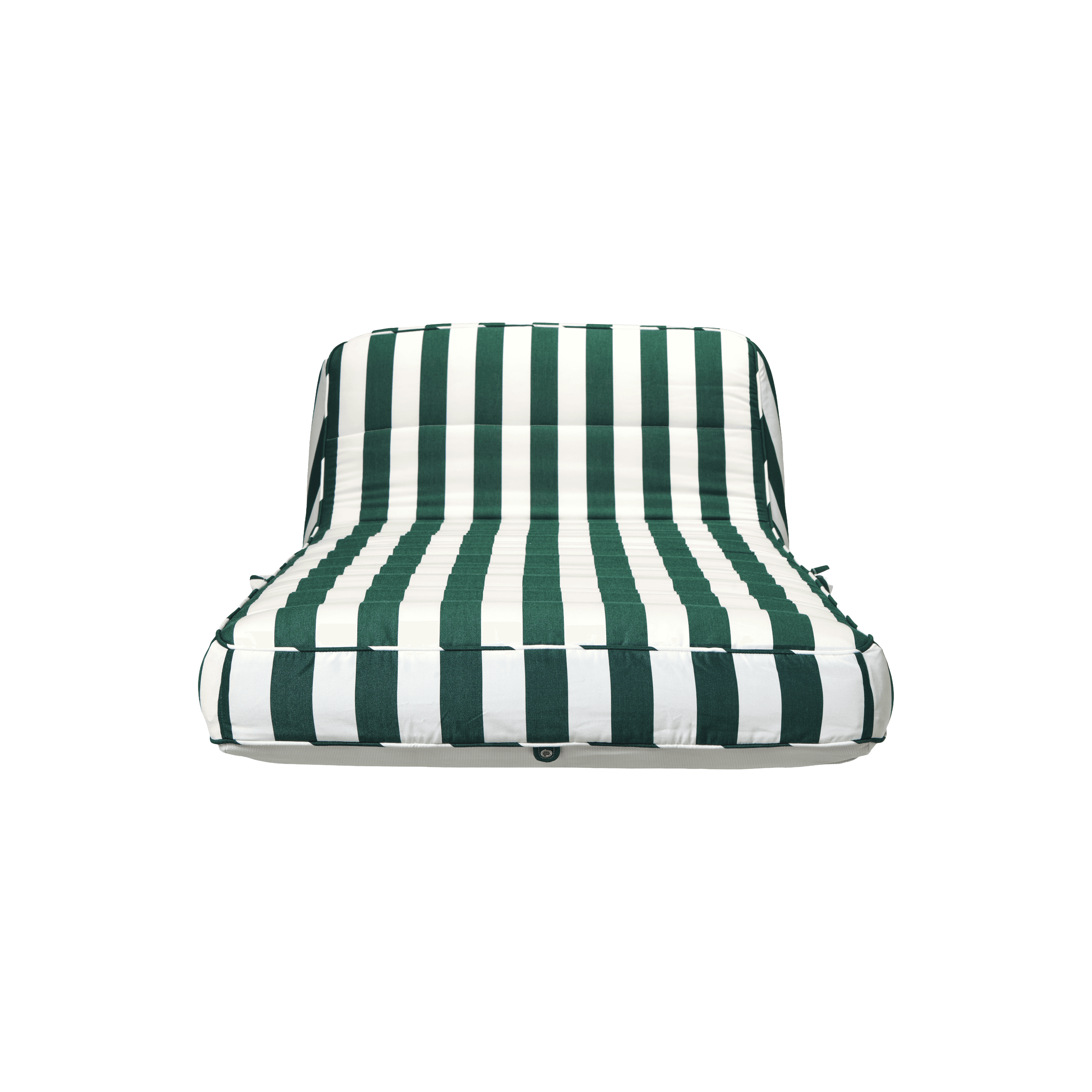 Luxury single pool float in green-and-white stripe canvas with quilted panels and white base
