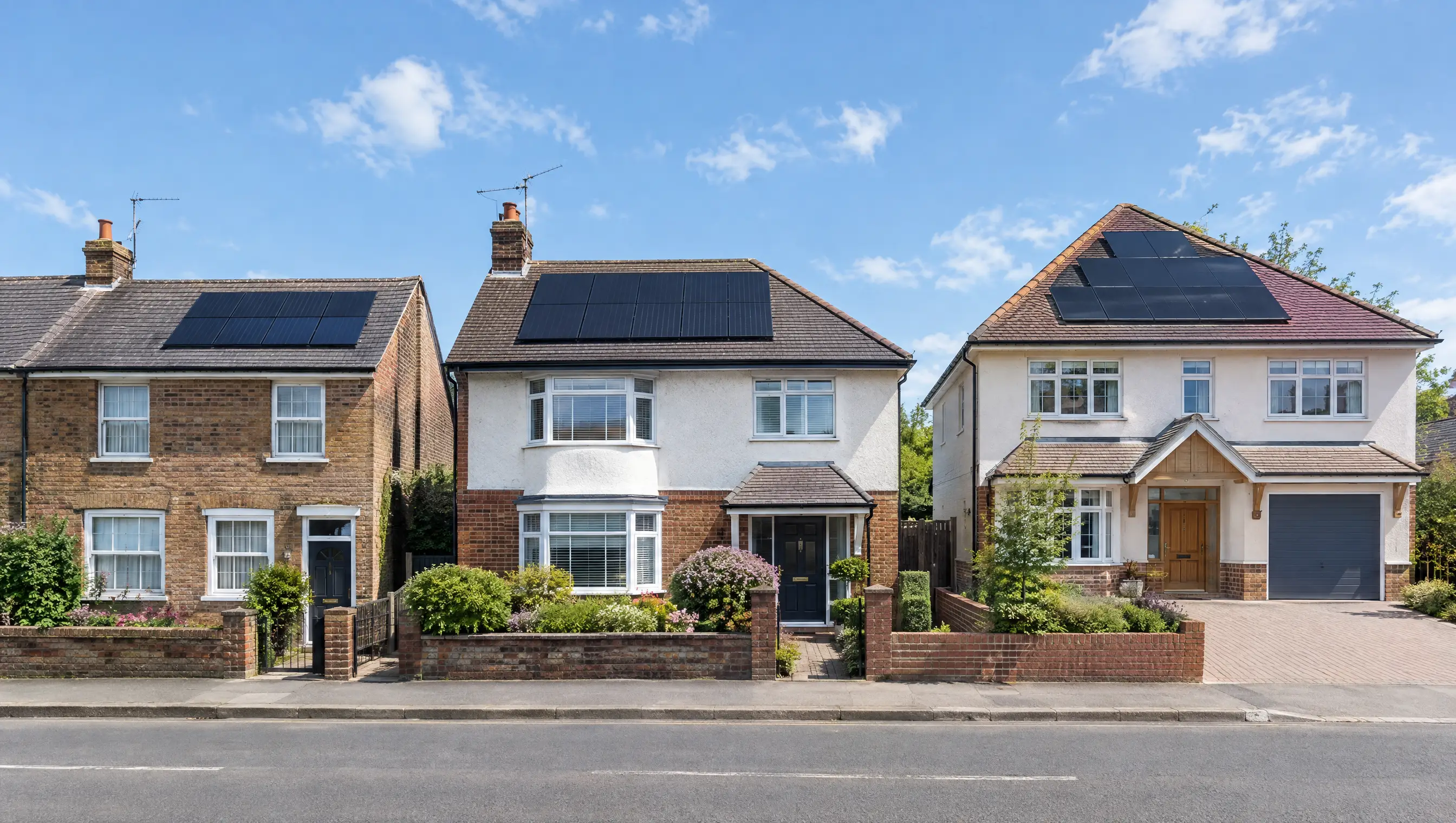 Three homes of different sizes, each with a solar array sized to suit it