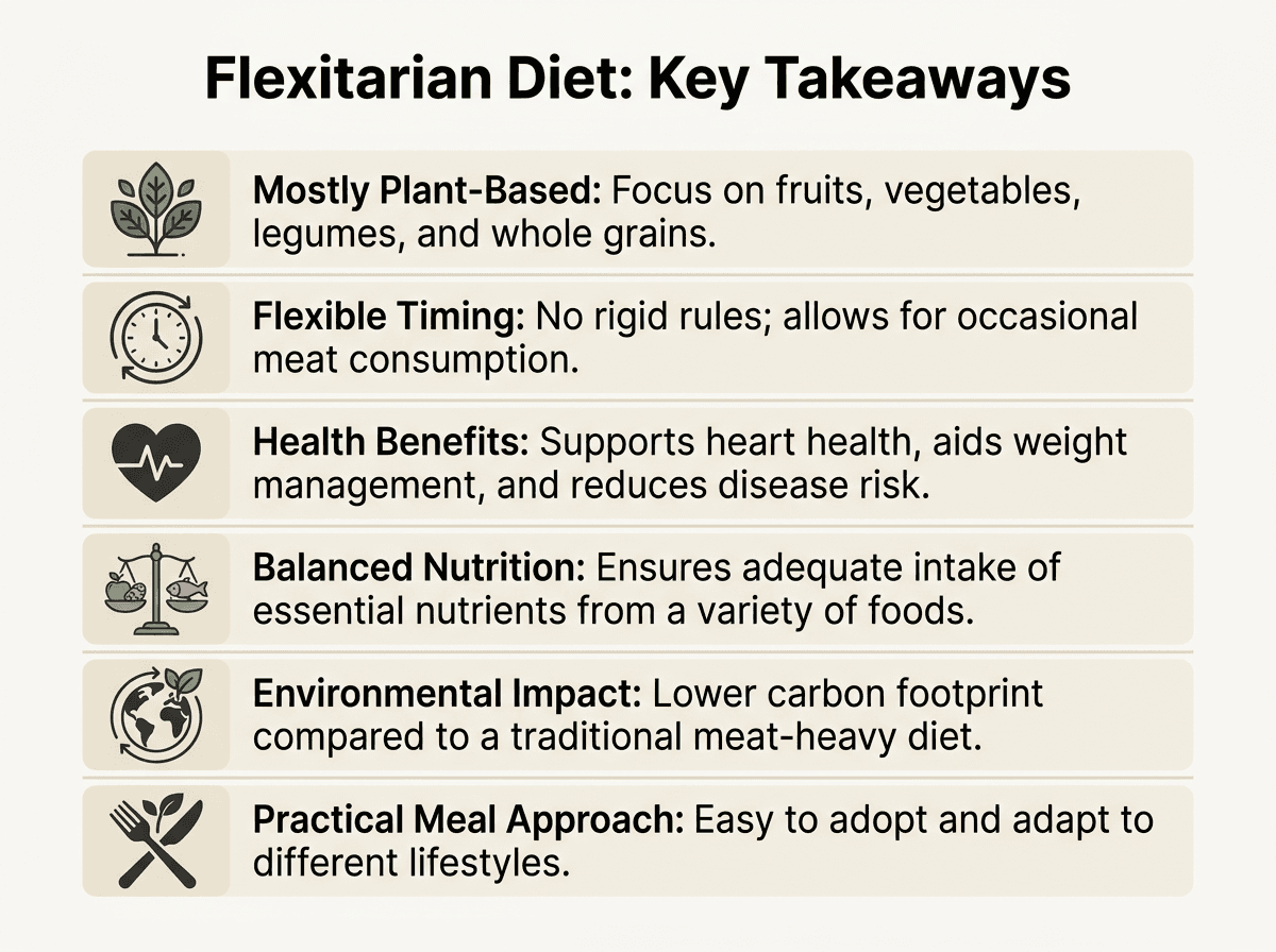 Flexitarian diet key takeaways infographic with six illustrated points