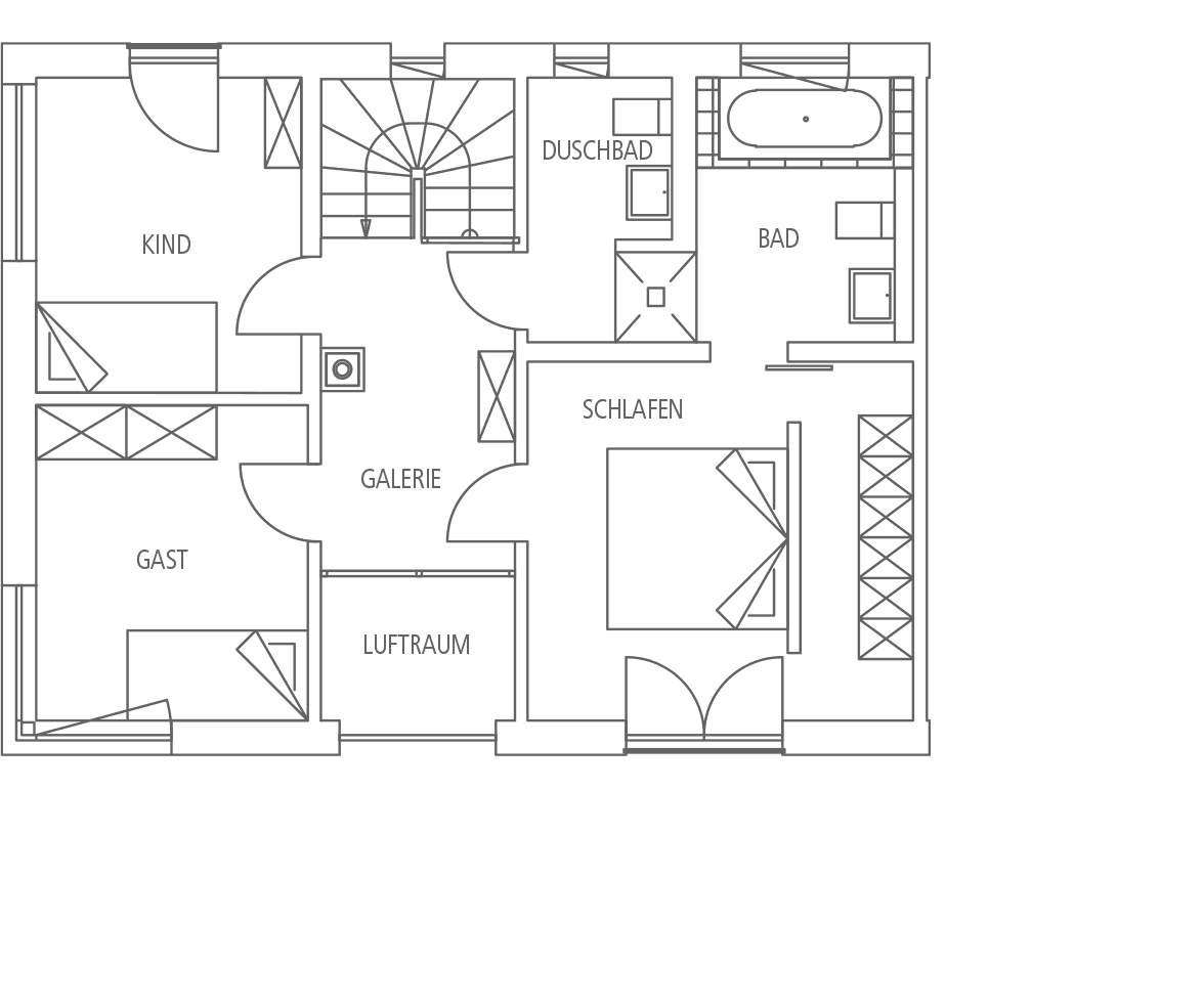 Grundriss einer Wohnung mit Luftraum, Galerie, Schlafzimmer, Kinderzimmer, Gästezimmer, Duschbad und Bad.