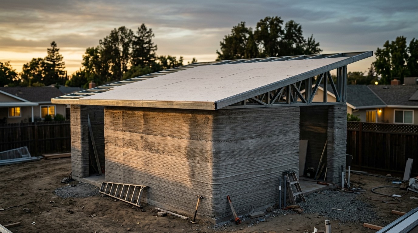 concrete wall steel roof framing construction california dusk
