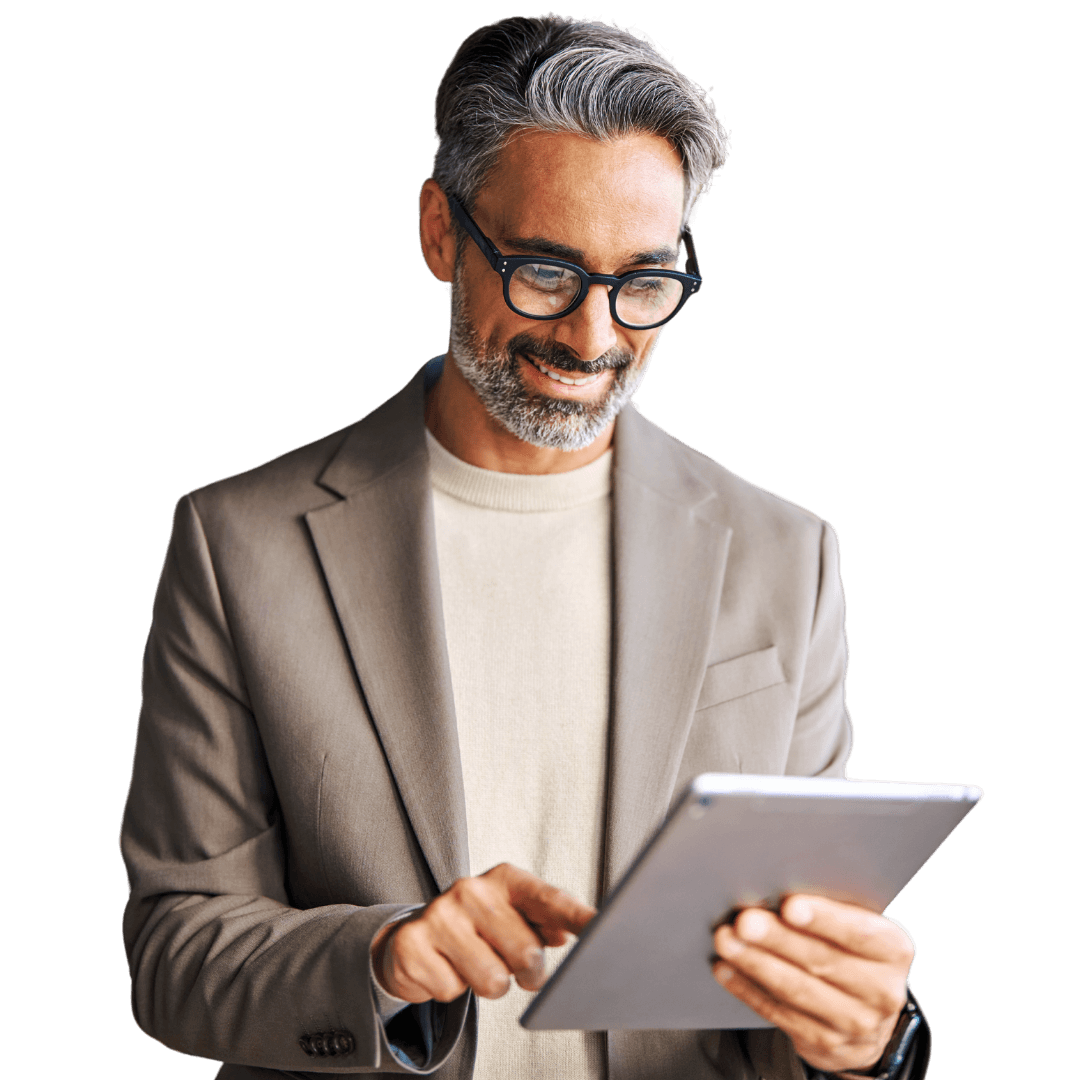 Smiling HR business professional holding a tablet, dressed in a light blue checkered shirt