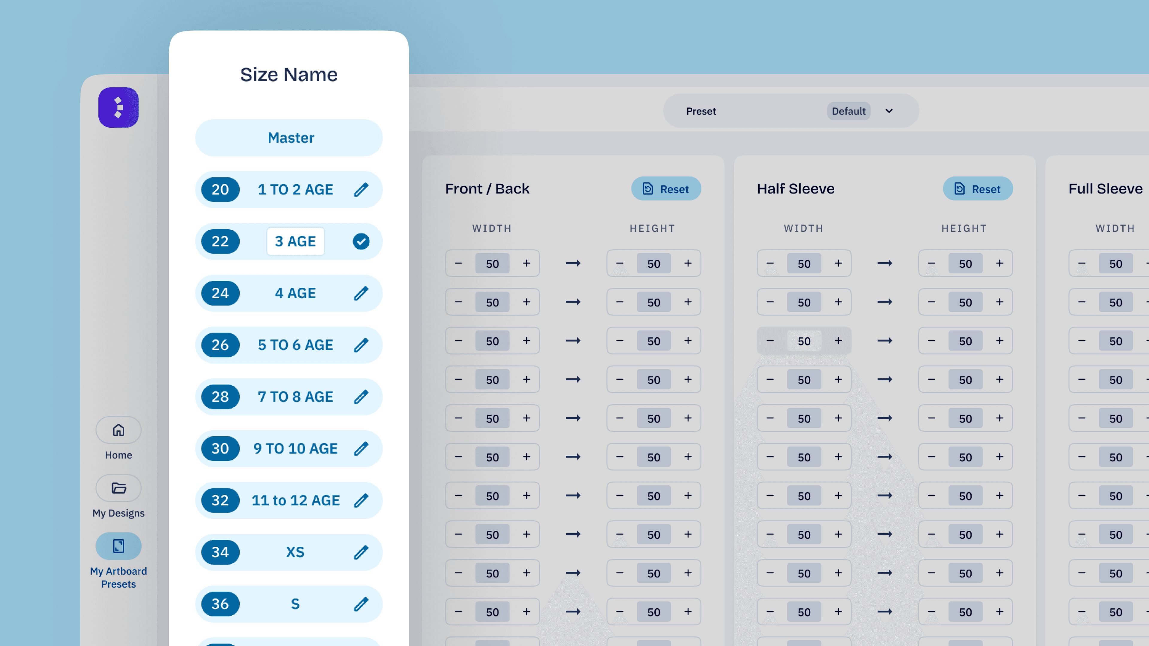 ustom Size Names feature in Teedex allowing users to rename jersey size labels and create personalized size presets for sportswear production.