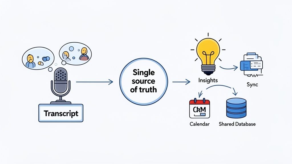 Diagram: Transcript leads to a single source of truth, yielding insights for CRM, sync, and shared database integration.