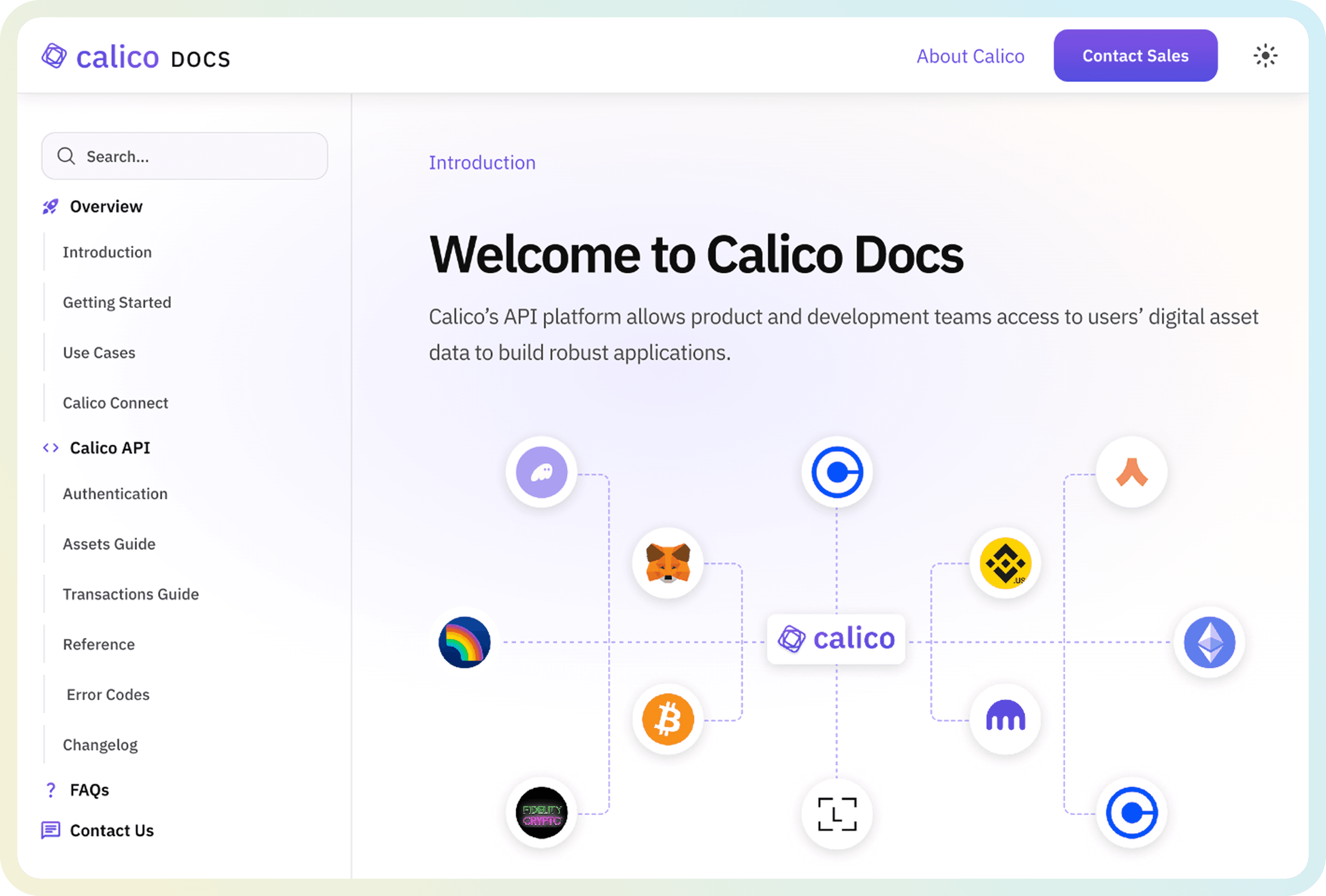 The landing page for Calico documentation is shown with a side menu. The main content contains a Welcome message and a diagram with Calico in the center of many digital asset sources. 