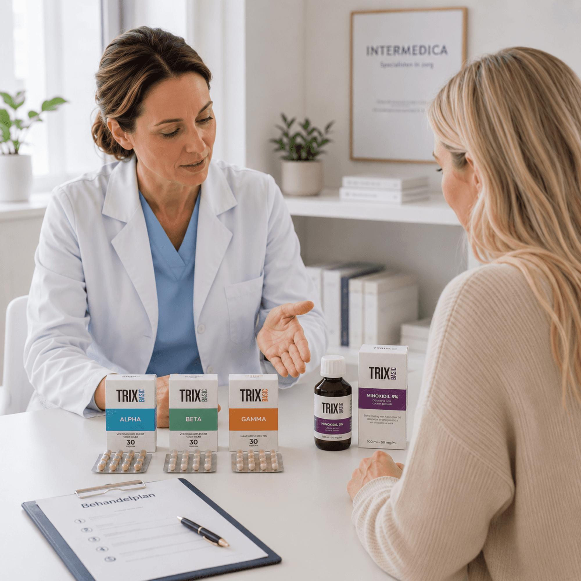 Arts van Intermedica bespreekt ondersteunende therapieën en TRIX Basic supplementen tijdens een persoonlijk consult met een patiënt.