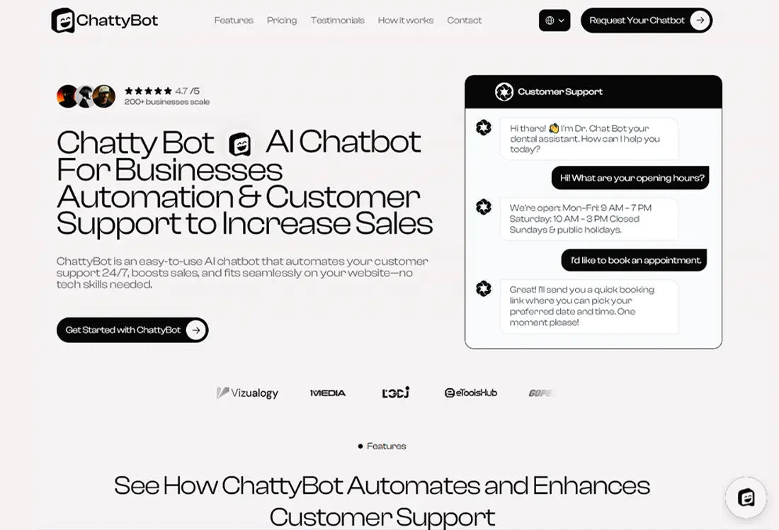 A vibrant screenshot of the ChattyBot homepage, showcasing a sleek AI chatbot interface with a modern design, featuring a call-to-action button and branding elements.