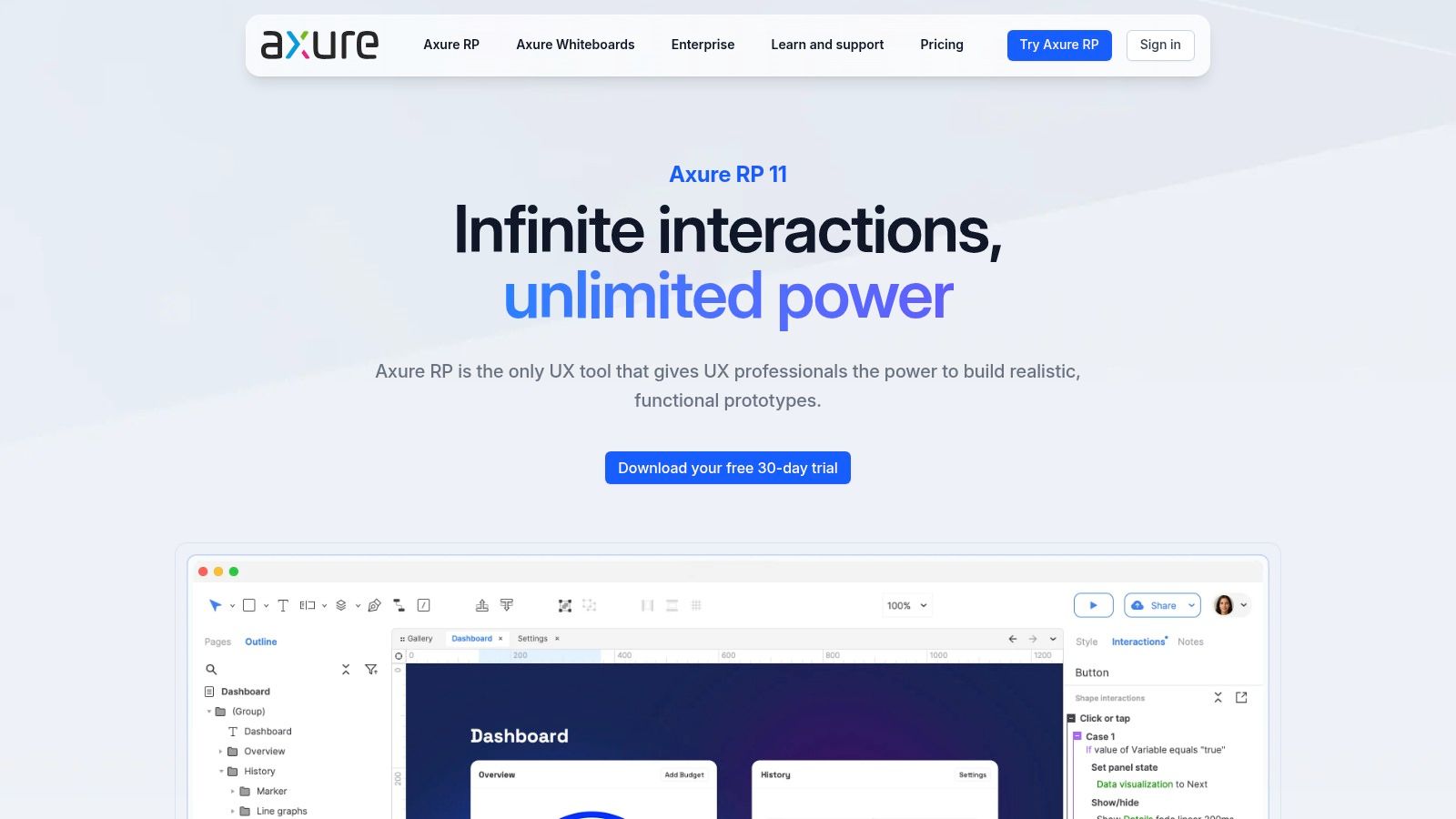 Axure RP's interface showing a mobile prototype with logic and interactions