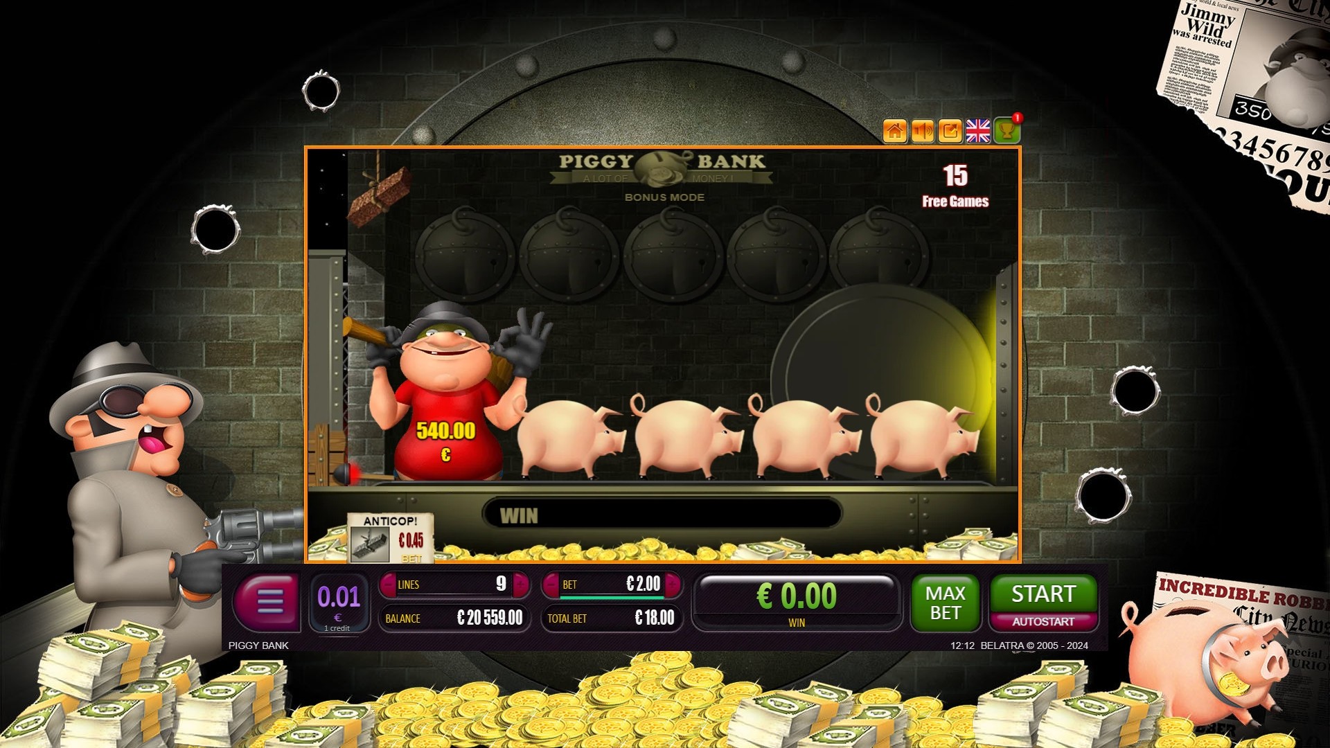 Piggy Bank — première étape du bonus avec cinq tirelires et le voleur tenant un marteau