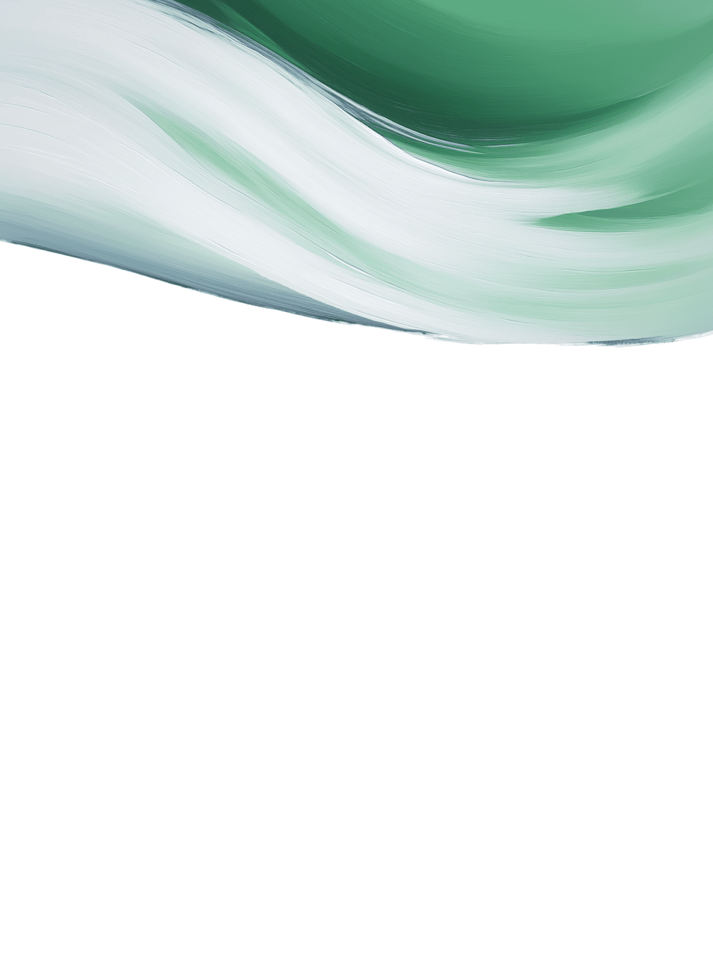 Abstract design with flowing brushstrokes in green, white, and hints of blue, concentrated at the top of the image