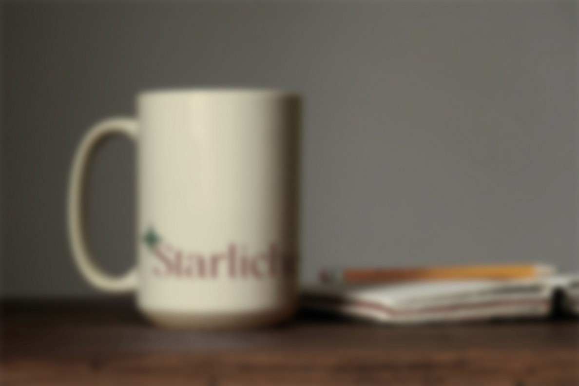 Premium brand identity case study card for Starliche, featuring a minimalist ceramic mug mockup with a custom star logo symbol and elegant serif typography, overlaid on a blurred portfolio background.