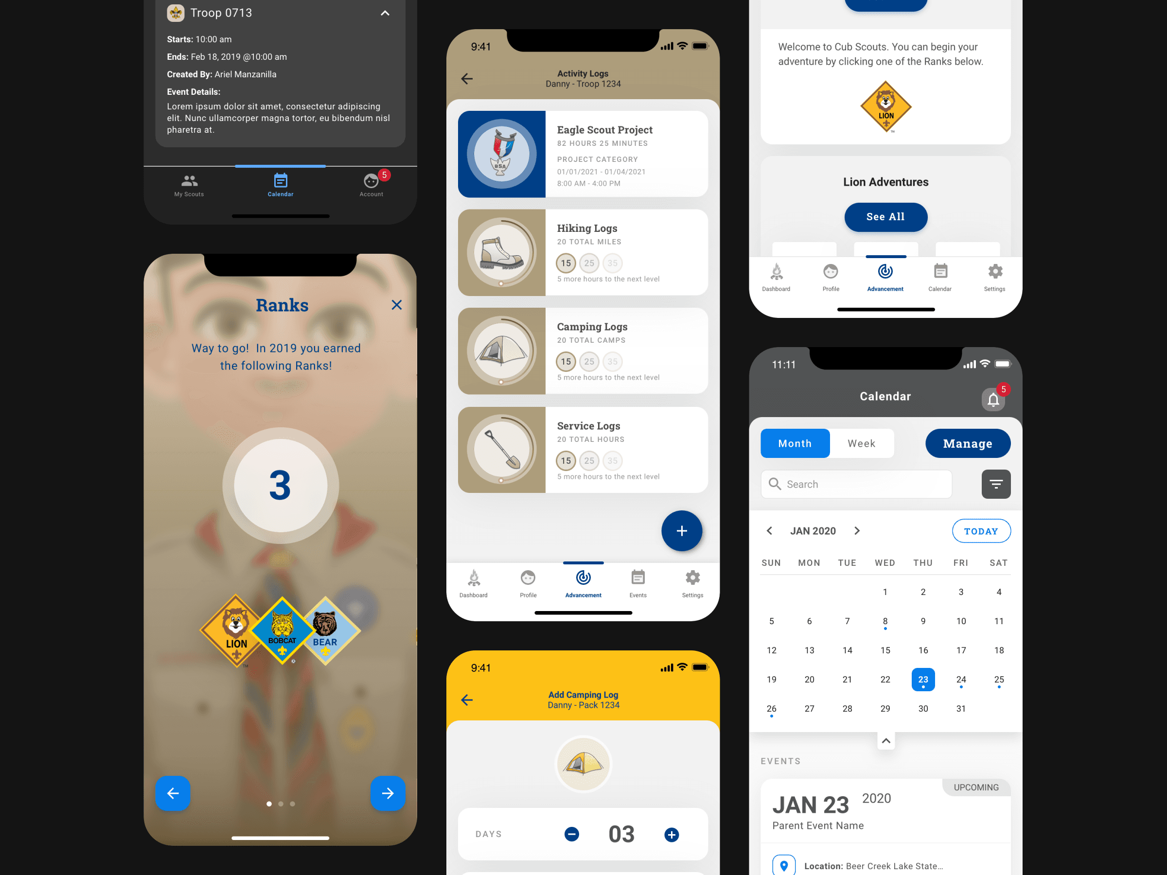 A group of mockups from different sections of the app.