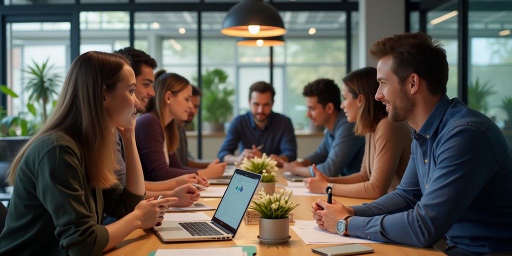 Diverse team collaborating in a modern workspace.