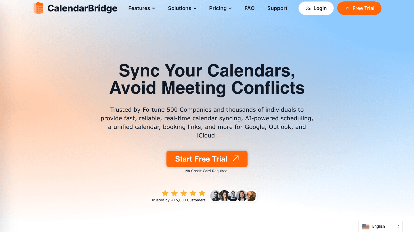 CalendarBridge homepage showing calendar sync features
