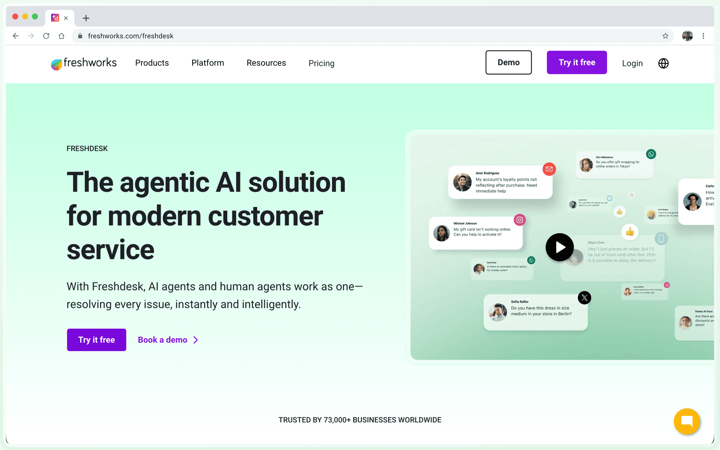 Freshdesk agentic AI solution homepage displaying modern customer service interface with chat bubbles on mint green background.