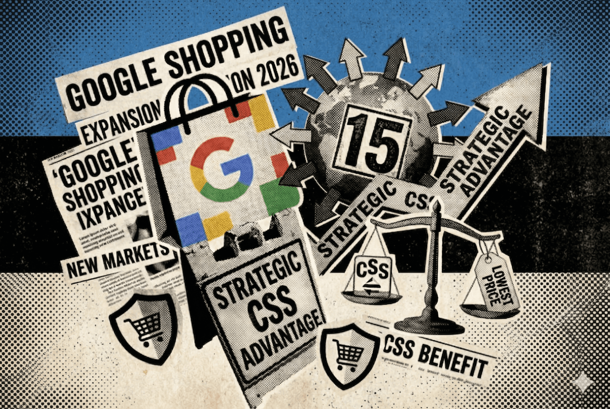 Google Shopping ads will be available in Estonia. The picture shows the Estonian flag and the advantages of Google CSS