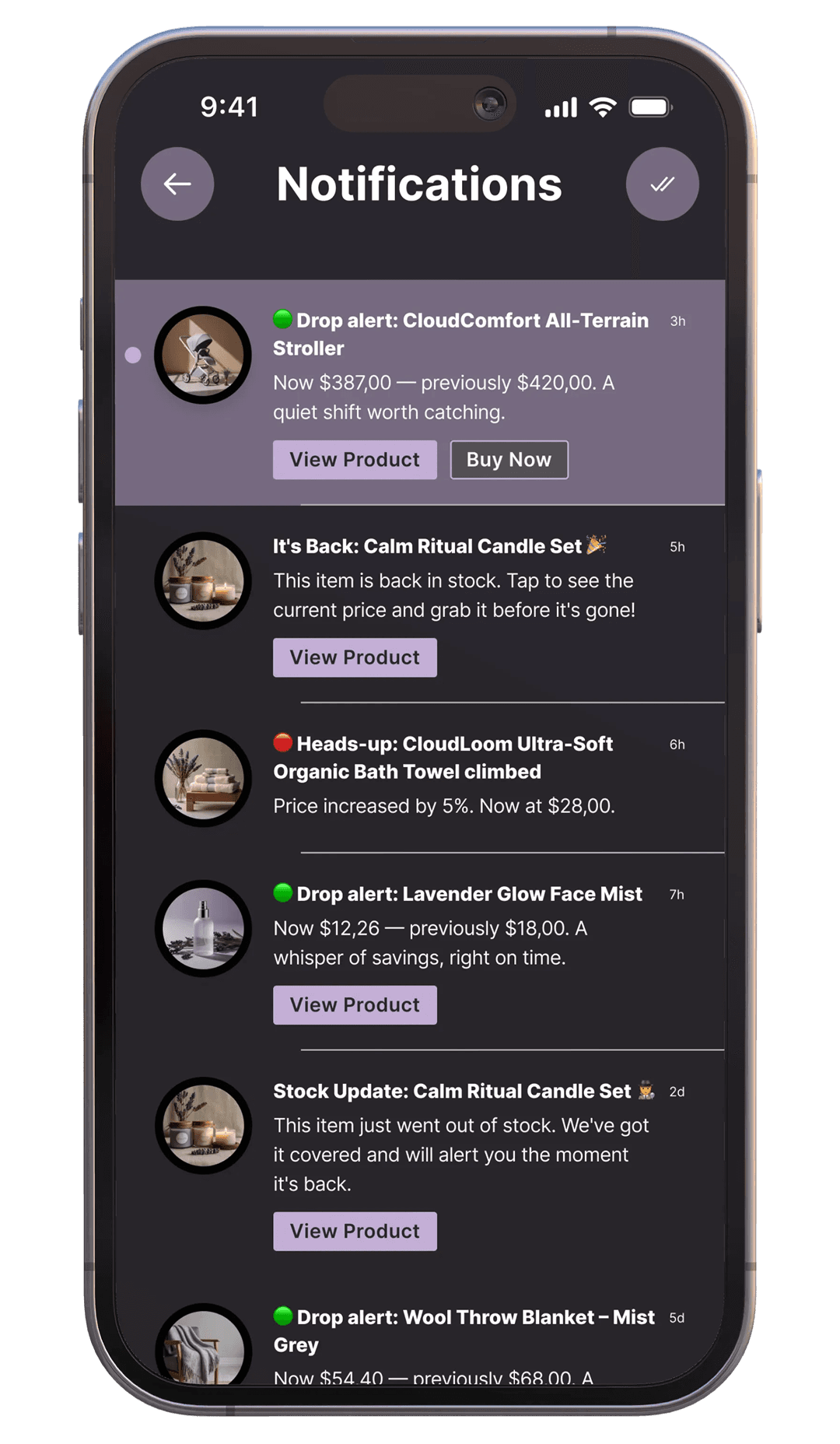 A smartphone screen in dark mode shows the Whisprice Notifications hub with recent alerts, including price drops, price increases, and back-in-stock updates, each with quick actions like “View Product” and “Buy Now.”