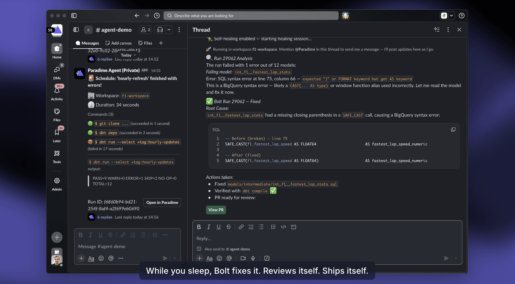 DinoAI fixing a BigQuery SAFE_CAST syntax error end-to-end in Slack, with root cause, before/after SQL, and a View PR button