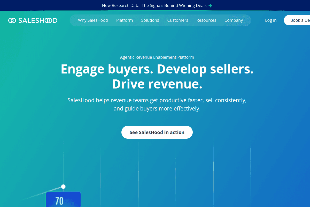 SalesHood homepage, agentic revenue enablement platform
