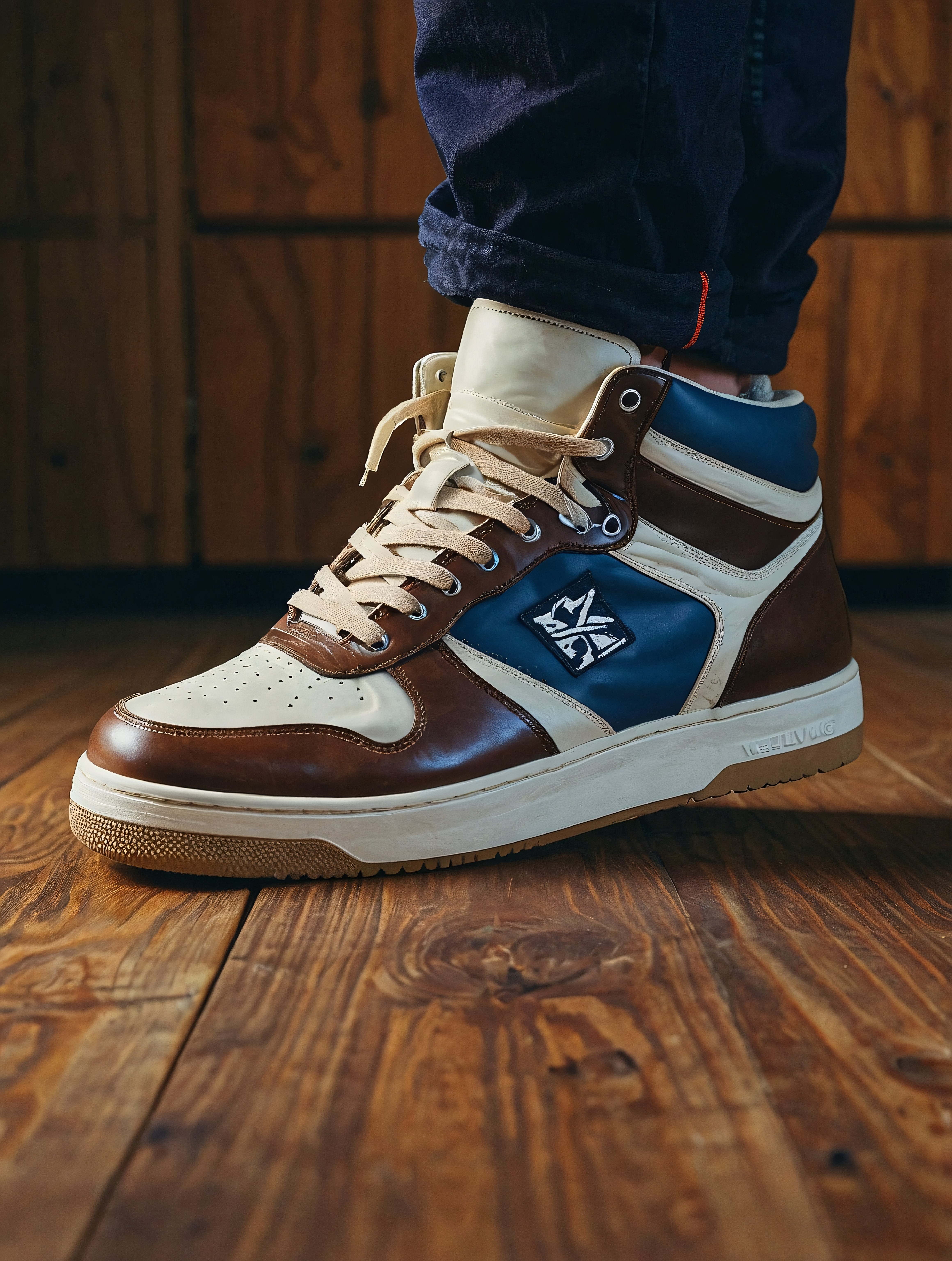 Stylish high-top sneakers featuring a combination of brown, cream, and navy blue leather details, worn with dark rolled-up jeans on a rustic wooden floor.